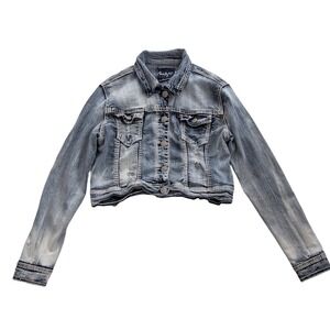 AMETHYST Y2K Distressed Cropped Faded Denim Jacket Light Wash Blue Sz L‎ Stretch